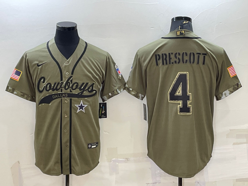 Men's Dallas Cowboys #4 Dak Prescott 2022 Olive Salute to Service Cool Base Stitched Baseball Jersey Men's Dallas Cowboys #4 Dak Prescott 2022 Olive Salute to Service Cool Base Stitched Baseball Jersey